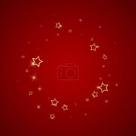 Gold sparkling star confetti. Chaotic dreamy childish overlay template. Festive stars vector illustration on red background.