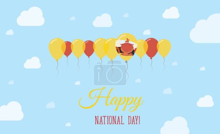 Brunei Darussalam Independence Day Funkelndes patriotisches Plakat. Reihe von Luftballons in den Farben der Bruneischen Flagge. Grußkarte mit Nationalflaggen, blauem Himmel und Wolken.