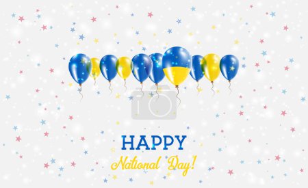 Ukraine Independence Day Sparkling Patriotic Poster. Row of Balloons in Colors of the Ukrainian Flag. Greeting Card with National Flags, Confetti and Stars.