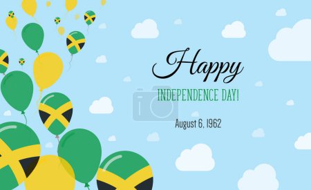 Téléchargez les illustrations : Affiche patriotique étincelante du Jour de l'indépendance de la Jamaïque. Rangée de ballons en couleurs du drapeau jamaïcain. Carte de voeux avec drapeaux nationaux, Skyes bleus et nuages. - en licence libre de droit