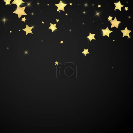 Magic stars vector overlay.  Gold stars scattered around randomly, falling down, floating.  Chaotic dreamy childish overlay template. Vector magic overlay  on black background.