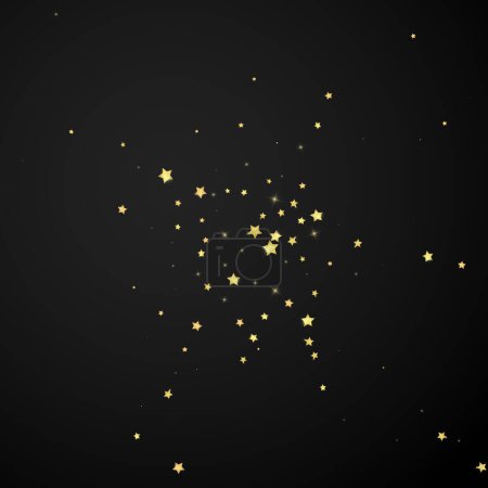 Magische Sterne Vektor-Overlay. Goldsterne verstreuten sich zufällig, fielen herunter und schwebten. Chaotisch verträumte, kindliche Overlay-Vorlage. Vektor-Magie-Overlay auf schwarzem Hintergrund.