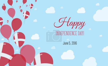 Denmark Independence Day Sparkling Patriotic Poster. Row of Balloons in Colors of the Danish Flag. Greeting Card with National Flags, Blue Skyes and Clouds.