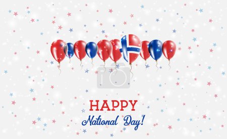 Svalbard And Jan Mayen Independence Day Sparkling Patriotic Poster. Row of Balloons in Colors of the Norwegian Flag. Greeting Card with National Flags, Confetti and Stars.