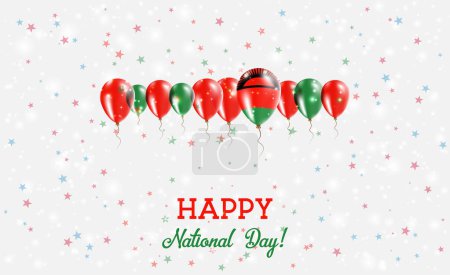 Malawi Independence Day Sparkling Patriotic Poster. Row of Balloons in Colors of the Malawian Flag. Greeting Card with National Flags, Confetti and Stars.