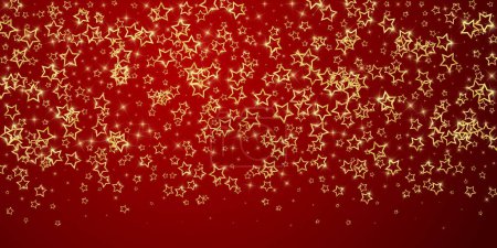 Twinkle stars scattered around randomly, flying, falling down, floating.  Christmas celebration concept. Festive stars vector illustration on red background.