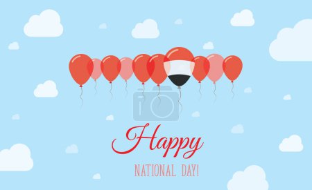 Der Unabhängigkeitstag des Jemen funkelt auf einem patriotischen Plakat. Reihe von Luftballons in den Farben der jemenitischen Flagge. Grußkarte mit Nationalflaggen, blauem Himmel und Wolken.