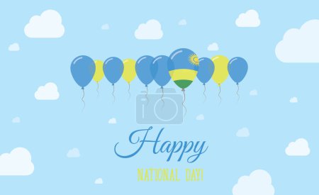 Funkelndes patriotisches Plakat zum Unabhängigkeitstag Ruandas. Reihe von Luftballons in den Farben der ruandischen Flagge. Grußkarte mit Nationalflaggen, blauem Himmel und Wolken.