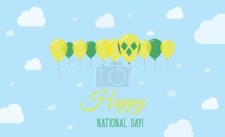 Illustration for Saint Vincent And The Grenadines Independence Day Sparkling Patriotic Poster. Row of Balloons in Colors of the Saint Vincentian Flag. Greeting Card with National Flags, Blue Skyes and Clouds. - Royalty Free Image