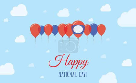 Lao Peoples Democratic Republic Independence Day Funkelndes patriotisches Plakat. Reihe von Luftballons in den Farben der laotischen Flagge. Grußkarte mit Nationalflaggen, blauem Himmel und Wolken.