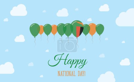 Zambia Independence Day Sparkling Patriotic Poster. Row of Balloons in Colors of the Zambian Flag. Greeting Card with National Flags, Blue Skyes and Clouds.