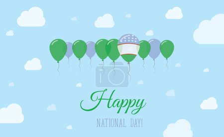 Uzbekistan Independence Day Sparkling Patriotic Poster. Row of Balloons in Colors of the Uzbekistani Flag. Greeting Card with National Flags, Blue Skyes and Clouds.