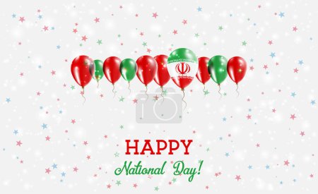 Islamic Republic Of Iran Independence Day Sparkling Patriotic Poster. Row of Balloons in Colors of the Iranian Flag. Greeting Card with National Flags, Confetti and Stars.