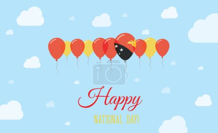 Papua New Guinea Independence Day Sparkling Patriotic Poster. Row of Balloons in Colors of the Papua New Guinean Flag. Greeting Card with National Flags, Blue Skyes and Clouds.