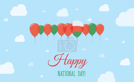 Oman Independence Day Funkelndes patriotisches Plakat. Reihe von Luftballons in den Farben der omanischen Flagge. Grußkarte mit Nationalflaggen, blauem Himmel und Wolken.