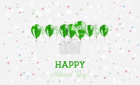 Saudi Arabia Independence Day Sparkling Patriotic Poster. Row of Balloons in Colors of the Saudi Arabian Flag. Greeting Card with National Flags, Confetti and Stars.