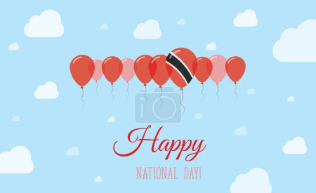 Trinidad und Tobago Independence Day Funkelndes patriotisches Plakat. Reihe von Luftballons in den Farben der trinidadischen Flagge. Grußkarte mit Nationalflaggen, blauem Himmel und Wolken.