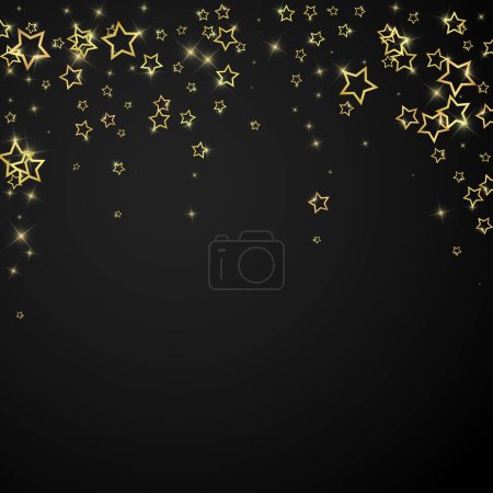 Estrellas centelleantes esparcidas al azar, volando, cayendo, flotando. Concepto de celebración de Navidad. Ilustración vectorial de estrellas festivas sobre fondo negro.