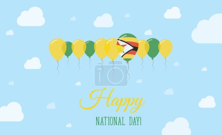 Zimbabwe Independence Day Sparkling Patriotic Poster. Rangée de ballons en couleurs du drapeau zimbabwéen. Carte de voeux avec drapeaux nationaux, Skyes bleus et nuages.