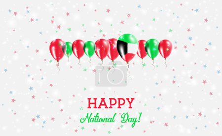 Kuwait Independence Day Sparkling Patriotic Poster. Row of Balloons in Colors of the Kuwaiti Flag. Greeting Card with National Flags, Confetti and Stars.