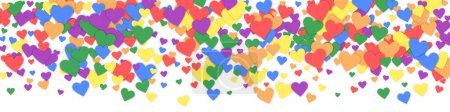 Valentinsherzen fliegen, fallen, schweben. Regenbogenfarbene verstreute Herzen. LGBT Valentinskarte. Liebenswerte Valentinsherzen-Vektorillustration.