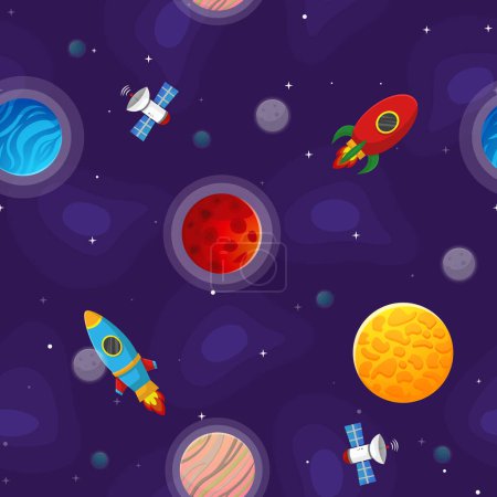 Space cartoon seamless pattern.  Cute design for kids fabric and wrapping paper. Planets and stars in the open space. Childish galaxy scene. Space cartoon vector illustration.