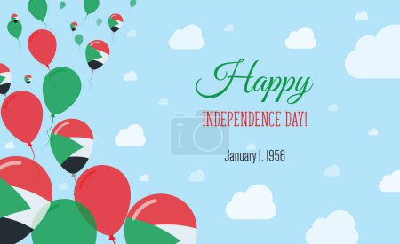 Sudan Independence Day Sparkling Patriotic Poster. Row of Balloons in Colors of the Sudanese Flag. Greeting Card with National Flags, Blue Skyes and Clouds.