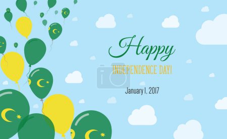 Cocos Islands Independence Day Funkelndes patriotisches Plakat. Reihe von Luftballons in den Farben der Cocos Islander Flagge. Grußkarte mit Nationalflaggen, blauem Himmel und Wolken.