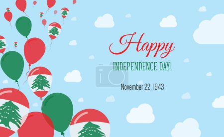 Illustration for Lebanon Independence Day Sparkling Patriotic Poster. Row of Balloons in Colors of the Lebanese Flag. Greeting Card with National Flags, Blue Skyes and Clouds. - Royalty Free Image