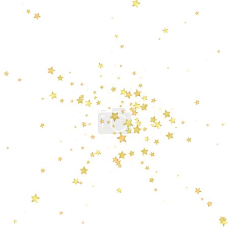 Superposition vectorielle d'étoiles magiques. Des étoiles d'or éparpillées au hasard, tombant, flottant. Modèle de superposition enfantine rêveuse chaotique. Miraculeux vecteur de nuit étoilé sur fond blanc.