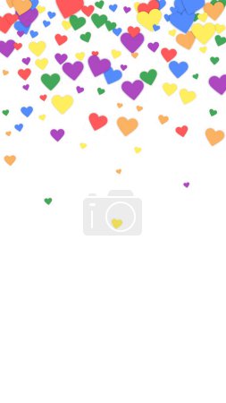Fallende Herzen valentine Kartenvorlage. Regenbogenfarbene verstreute Herzen. LGBT Valentinskarte. Chaotisch fallende Herzen Vektor Illustration.