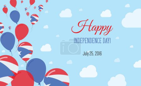 Puerto-Rico Independence Day Sparkling Patriotic Poster. Row of Balloons in Colors of the Puerto-Rican Flag. Greeting Card with National Flags, Blue Skyes and Clouds.