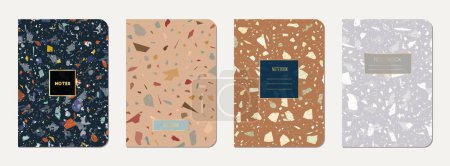 Diseño de portada de cuaderno. Fondo abstracto de terrazo hecho de piedras naturales, granito, cuarzo y mármol. Plantilla de libro de notas de textura de terrazo veneciano.