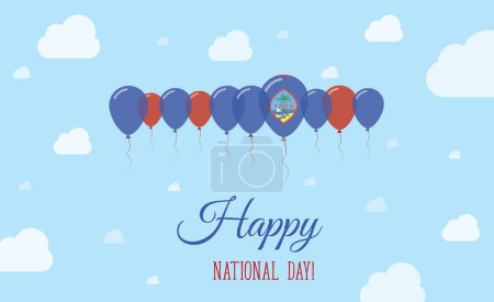 Guam Independence Day Sparkling Patriotic Poster. Row of Balloons in Colors of the Guamanian Flag. Greeting Card with National Flags, Blue Skyes and Clouds.