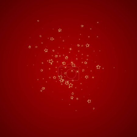 Gold sparkling star confetti. Chaotic dreamy childish overlay template. Festive stars vector illustration on red background.