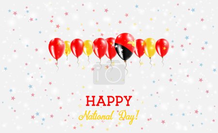 Papua New Guinea Independence Day Sparkling Patriotic Poster. Row of Balloons in Colors of the Papua New Guinean Flag. Greeting Card with National Flags, Confetti and Stars.