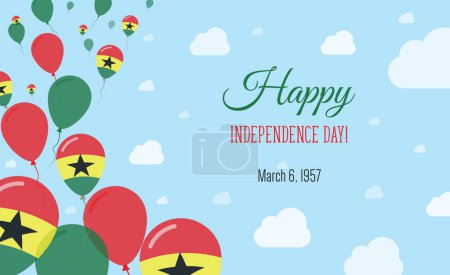 Ghana Independence Day Funkelndes patriotisches Plakat. Reihe von Luftballons in den Farben der ghanaischen Flagge. Grußkarte mit Nationalflaggen, blauem Himmel und Wolken.