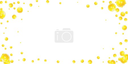 Illustration for Ferritin round droplets scattered randomly.  Beauty treatment and nutrition skin care.   Wellness concept. Essential vitamins vector illustration. - Royalty Free Image