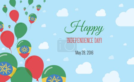 Ethiopia Independence Day Sparkling Patriotic Poster. Row of Balloons in Colors of the Ethiopian Flag. Greeting Card with National Flags, Blue Skyes and Clouds.