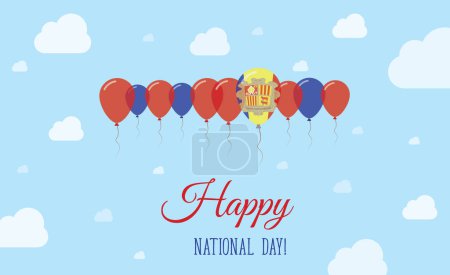 Andorra Independence Day Funkelndes patriotisches Plakat. Reihe von Luftballons in den Farben der andorranischen Flagge. Grußkarte mit Nationalflaggen, blauem Himmel und Wolken.