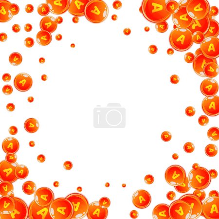 Illustration for Vitamin A round capsules scattered randomly.  Beauty treatment and nutrition skin care.   Healthy life concept. Essential vitamins vector illustration. - Royalty Free Image