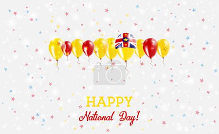 Niue Independence Day Sparkling Patriotic Poster. Row of Balloons in Colors of the Niuean Flag. Greeting Card with National Flags, Confetti and Stars.