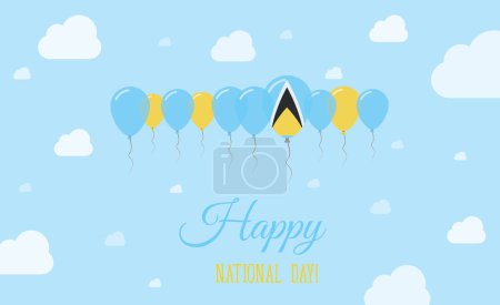Saint Lucia Independence Day Funkelndes patriotisches Plakat. Reihe von Luftballons in den Farben der St. Lucian Flagge. Grußkarte mit Nationalflaggen, blauem Himmel und Wolken.