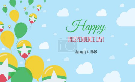 Myanmar Independence Day Sparkling Patriotic Poster. Row of Balloons in Colors of the Myanmarian Flag. Greeting Card with National Flags, Blue Skyes and Clouds.