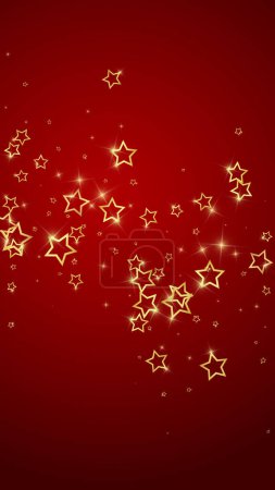 Twinkle stars scattered around randomly, flying, falling down, floating. Christmas celebration concept. Festive stars vector illustration on red background.