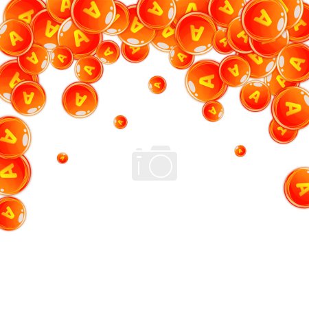 Illustration for Vitamin A round capsules scattered randomly. Beauty treatment and nutrition skin care. Medical and scientific background. Wellness concept. - Royalty Free Image