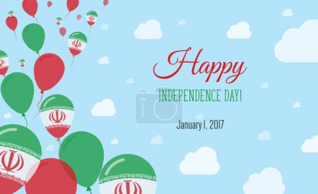 Illustration for Islamic Republic Of Iran Independence Day Sparkling Patriotic Poster. Row of Balloons in Colors of the Iranian Flag. Greeting Card with National Flags, Blue Skyes and Clouds. - Royalty Free Image