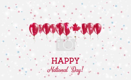 Canada Independence Day Sparkling Patriotic Poster. Row of Balloons in Colors of the Canadian Flag. Greeting Card with National Flags, Confetti and Stars.