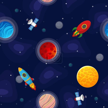 Space cartoon seamless pattern.  Cute design for kids fabric and wrapping paper. Planets and stars in the open space. Childish galaxy scene. Space cartoon vector illustration.