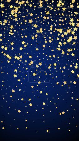 Magic stars vector overlay.  Gold stars scattered around randomly, falling down, floating.  Chaotic dreamy childish overlay template. Vector fairytale  on dark blue background.